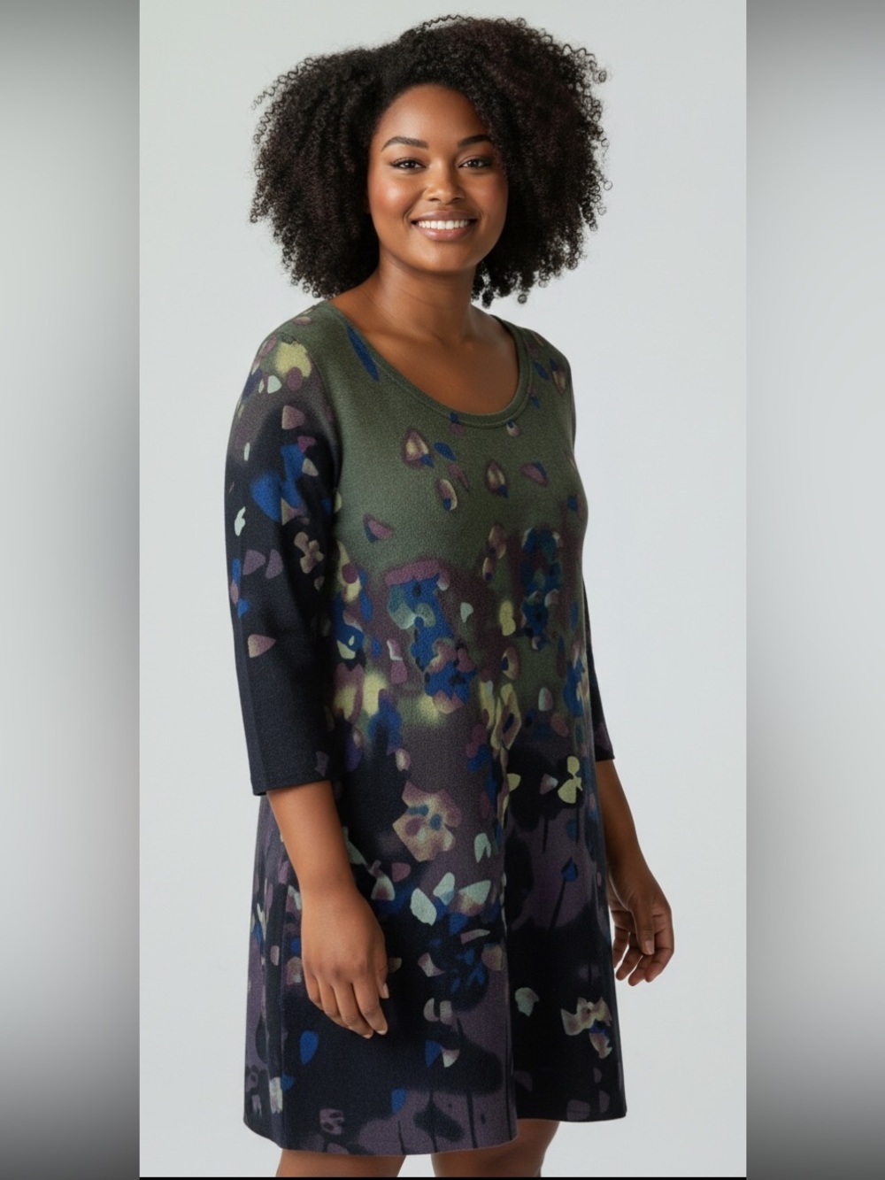 Papillon Winter Weight Tunic Dress, Abstract Green Pattern, 3/4 Sleeve,Stretch